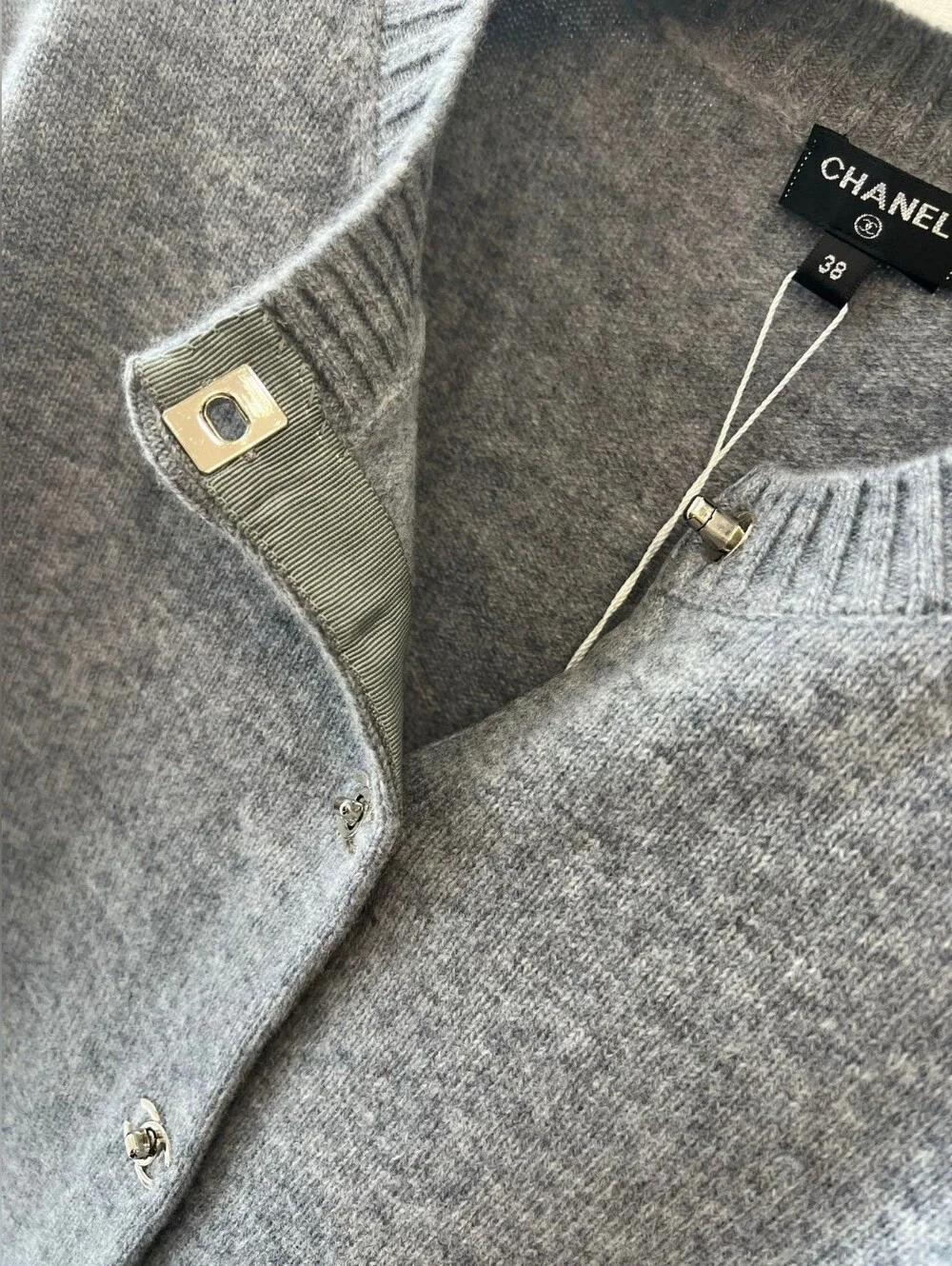 CHANEL Gray Cashmere Crewneck Cardigan